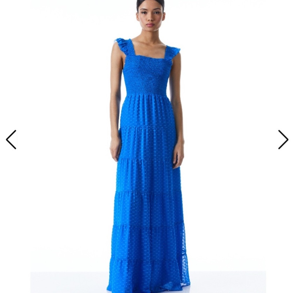 Alice & Olivia Kizzie Smocked Flutter-Sleeve Maxi Dress - blue, size 0